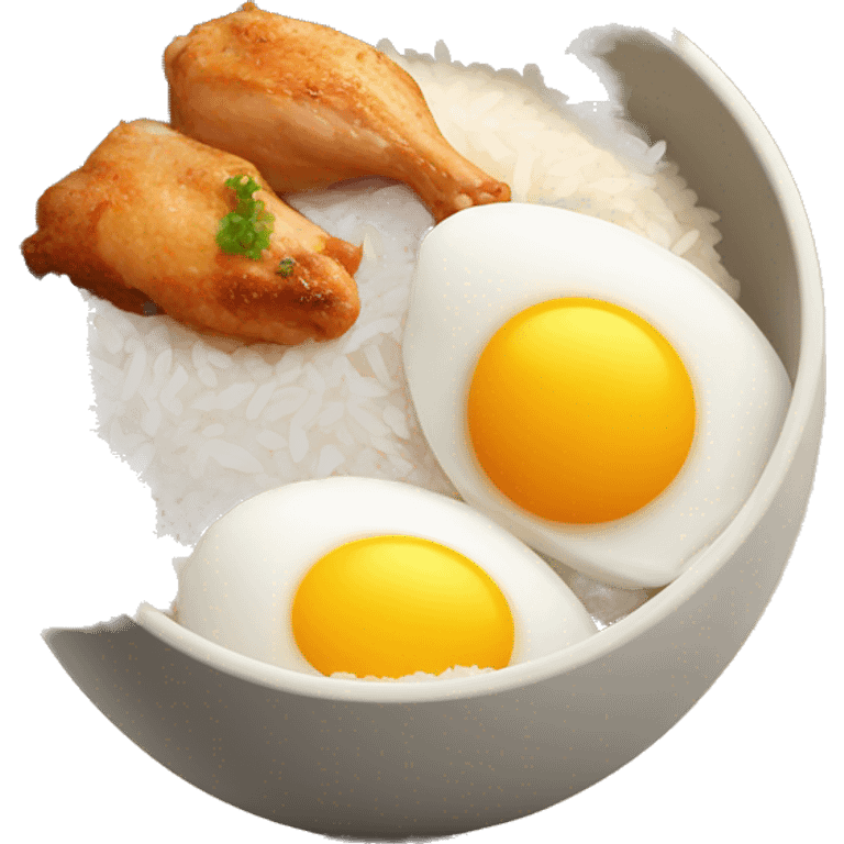 a bowl of rice with two eggs and chicken thigh upright emoji