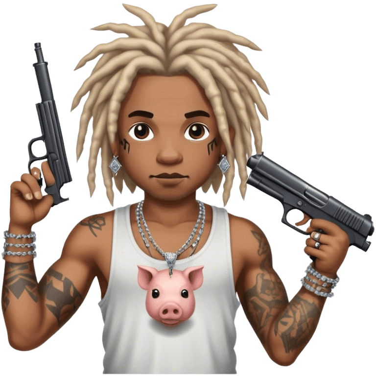 african-american race pig with dreads looking gangster with gun and tank top, with diamond blinging chain, with tattoos emoji