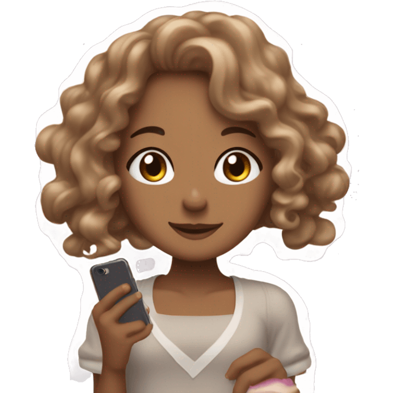 a tan girl with long curly brown hair on her iphone 16 thats white and has a cinnamonroll case from sanrio emoji