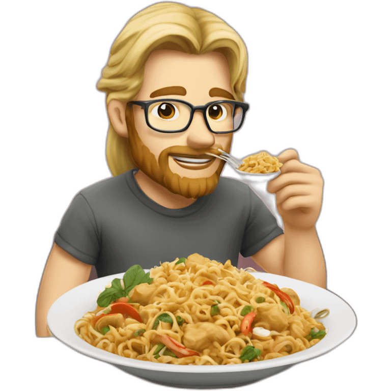 Tall long haired pony tail blonde man with beard and glasses eating thai food emoji