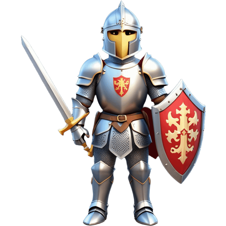 Clash of Clans aesthetic: Cinematic heroic Armored Knight Hero Emoji, rendered in a 3D vector-style similar to standard emojis with minimal shading and bold, simplified shapes. A compact, isometric warrior clad in gleaming plate armor with intricate heraldic details, softly glowing with a chivalrous medieval charm. Simplified yet unmistakably iconic, highly detailed and consistent, glowing with a soft radiant shine and high polish. Stylized with a touch of noble valor and a soft glowing outline, wearing a full face helm so that no face is visible with only eyes visible, capturing the essence of a gallant knight ready for honorable battle with a friendly, playful manner! emoji