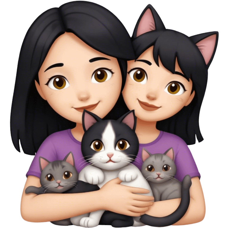 happy girl with black hair hugging three cats  (black cat, gray cat, brown calico cat) emoji