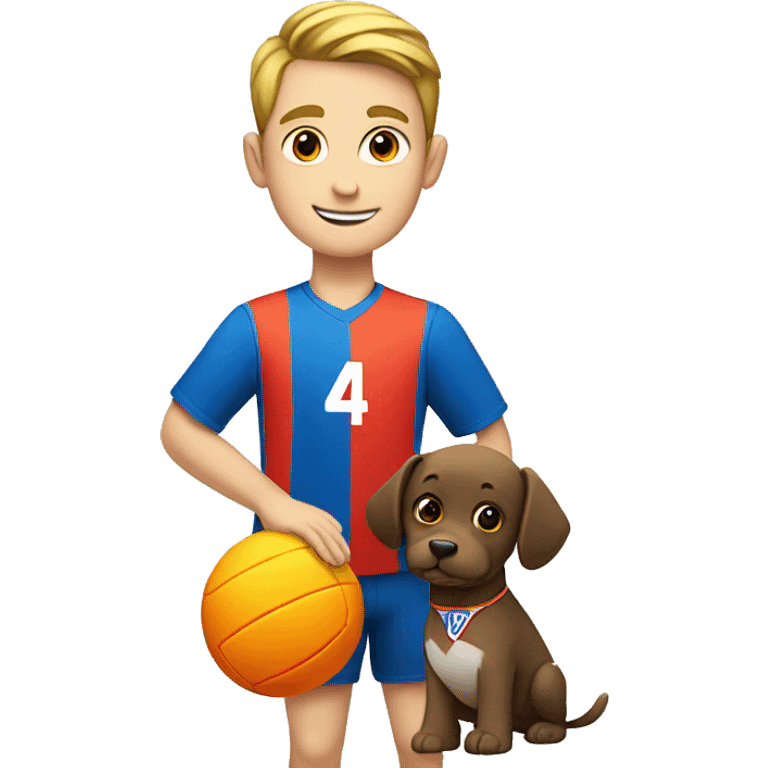 A white boy holding a red blue orange green and yellow volleyball  witha shirt with a dog and number 14 emoji