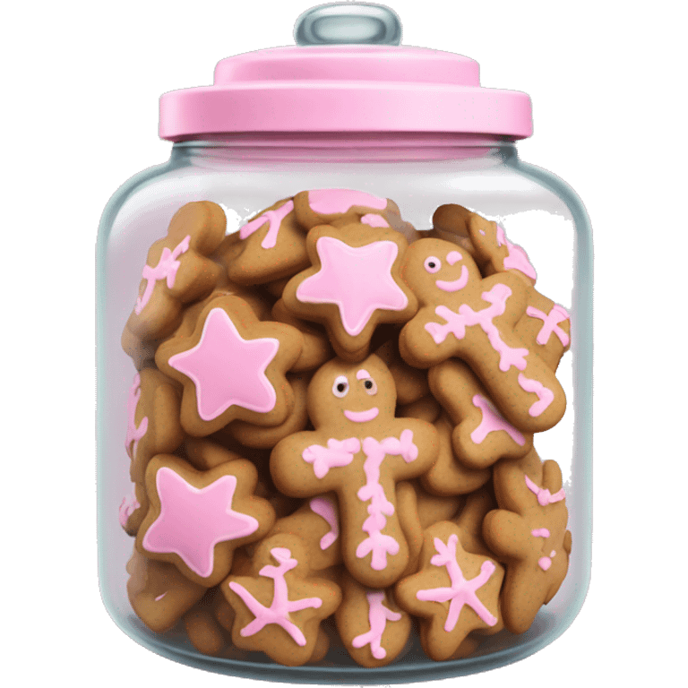 Realistic glass cookie jar with light pink lid full of gingerbread cookies isolated.  emoji