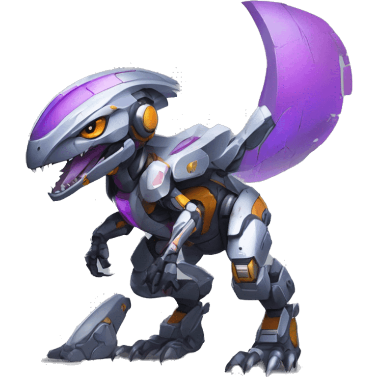 Colorful Edgy Chibi Greymon-Velociraptor-Genesect-Fakémon-Pokémon wearing a with a futuristic visor-helmet And Mecha-suit Full Body emoji