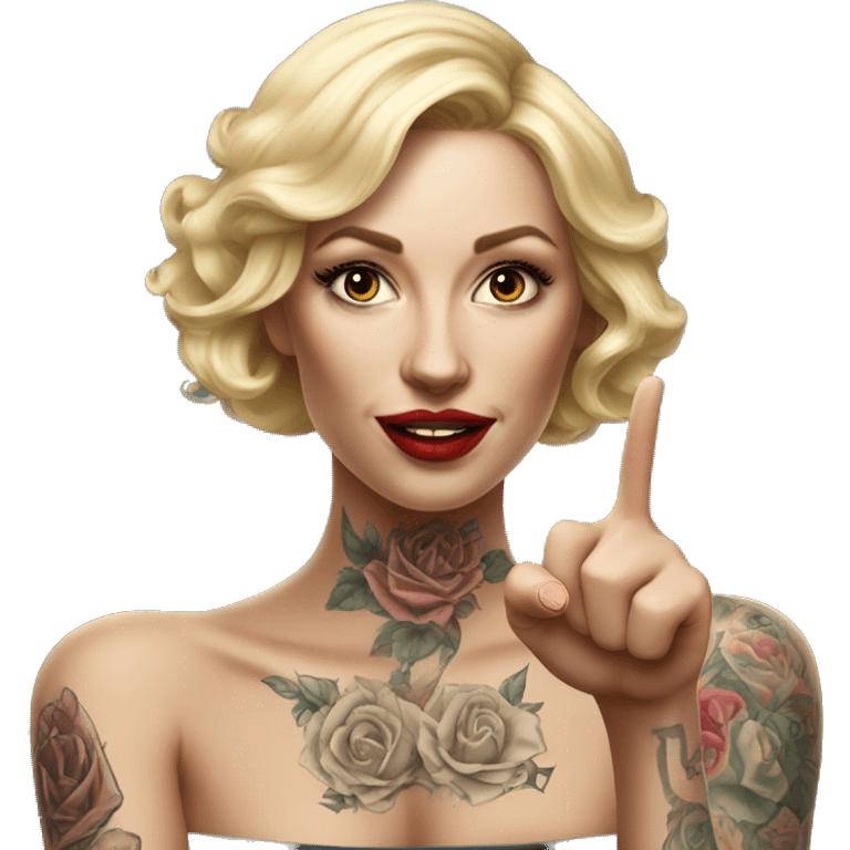 Blonde elegant women, her Body Covered with Tattoos, POINTING to YOU FORWARD with her ONE HAND , Hyper realistic emoji