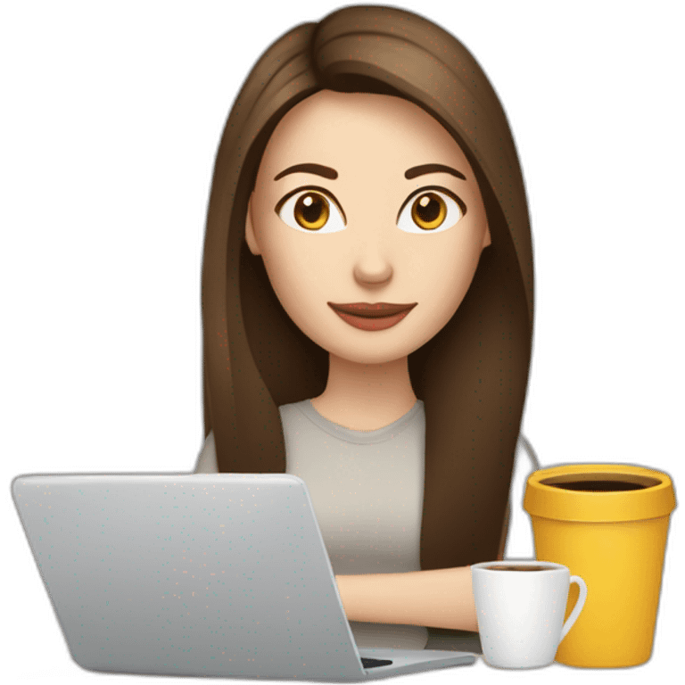 woman with long straight brown hair and pale skin laptop and coffee mug emoji