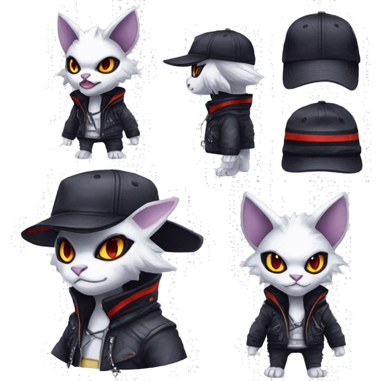 Cool Anthro Absol-Bat-Litten-Sphynx-Pokémon with edgy stripes collar punk techwear cool fiddler-hat Full Body emoji