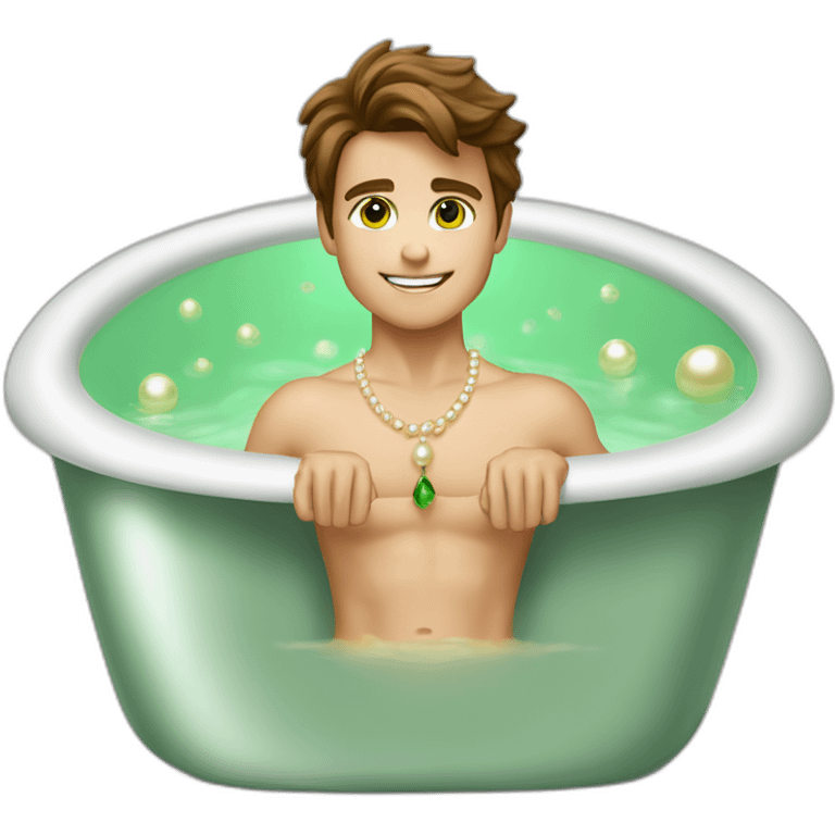 Posh-muscle-boy-brown-hair-green-eyes-pearl-necklace-in-golden-bathtub emoji