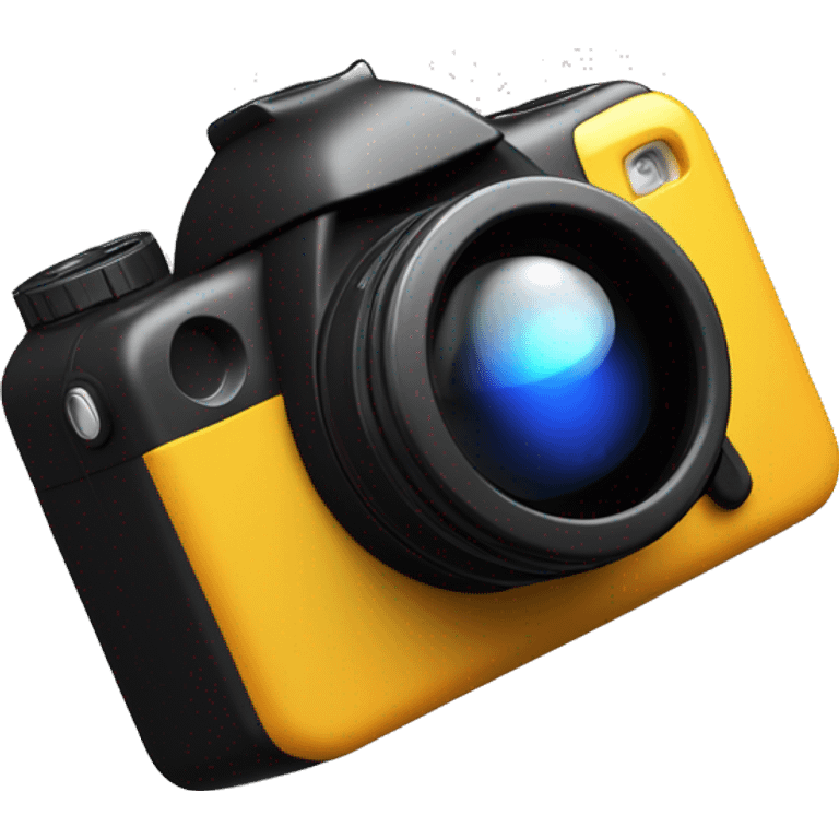 In the center of a pure black background, a 3D mimetic digital camera is facing the lens at a 0-degree angle emoji