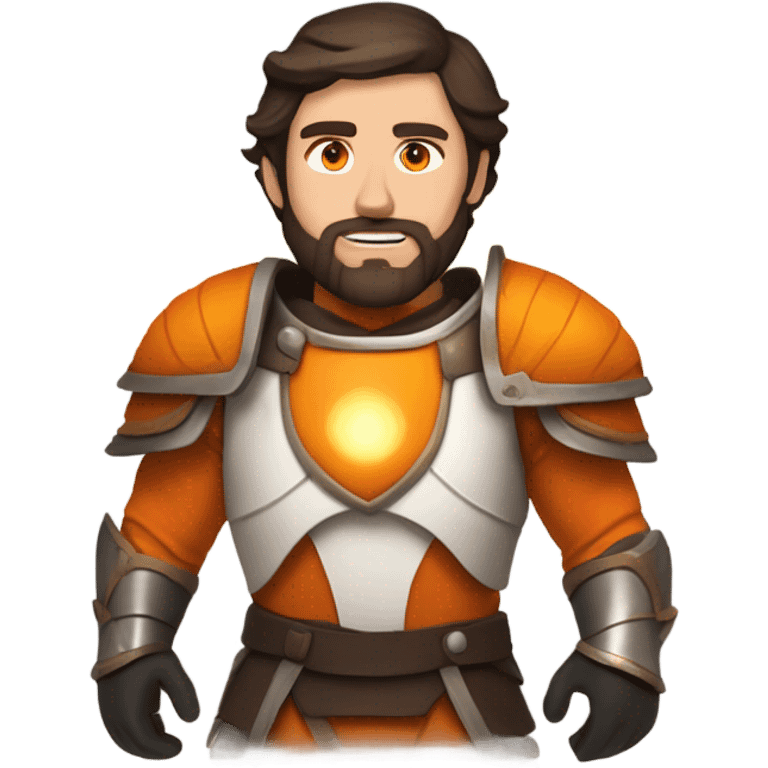 Confident White Man with dark brown hair and a short beard wearing large orange plate armor and glowing orange eyes that have orange smoke coming out of his eyes emoji