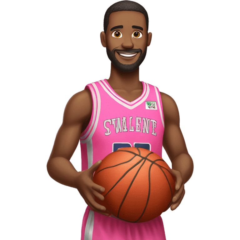 An emoji of a man wearing a pink basketball jersey and holding a pink basketball. emoji