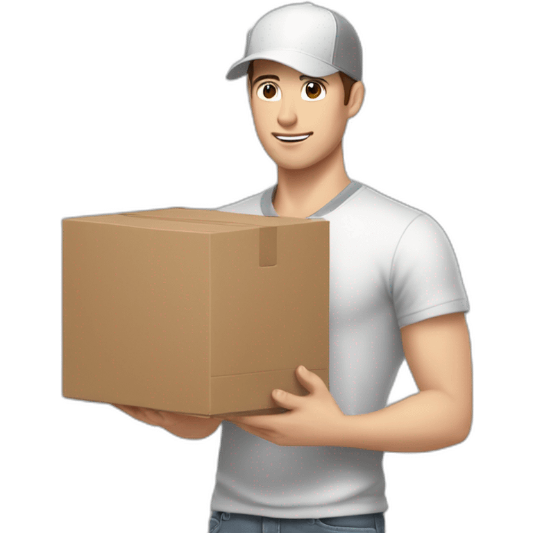 Pale skinned fit Man with dark brown hair in a white cap, gray jeans and gray polo T-shirt keeping a pasted box into his hands emoji