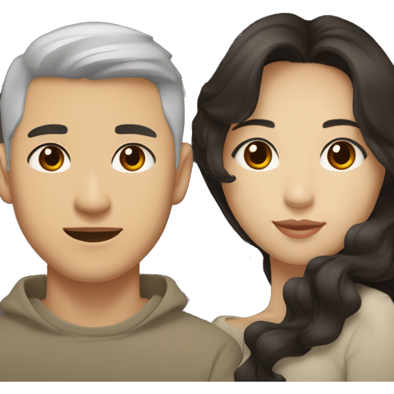 A half pale Asian man with short dark hair and amber eyes embracing and loving a half Asian woman with long wavy dark hair and dark hazel eyes. They love each other a lot And have good fashion taste. emoji