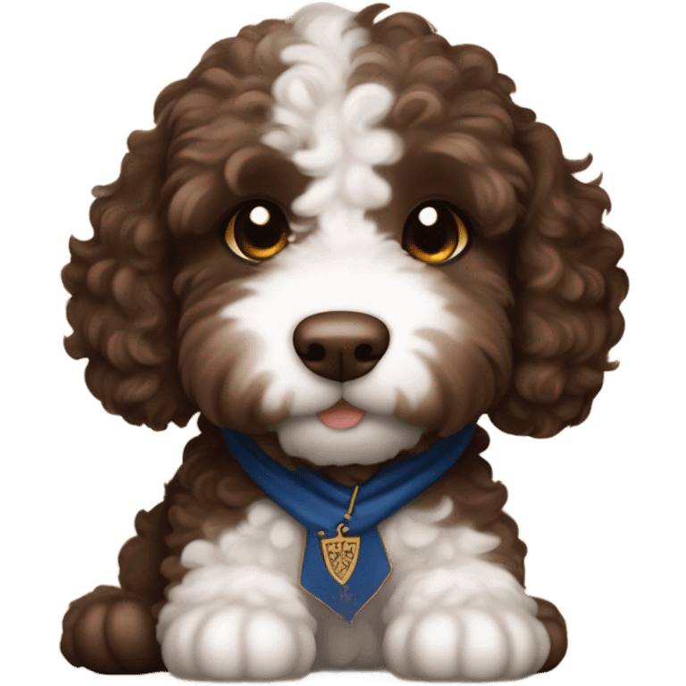 Chocolate brown labradoodle puppy.  Chubby.  white on his chest.  Brown eyes.  Wearing a ravenclaw staff with a wand   emoji