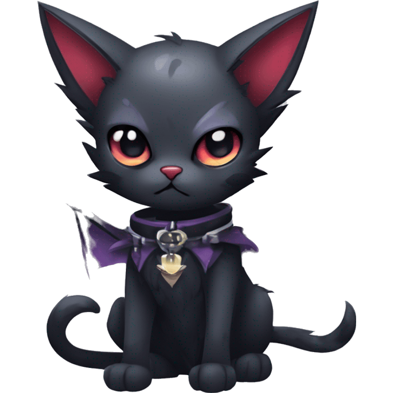   cool edgy kawaii ethereal dark-punk-themed animal vampiric cat-hybrid Fakemon with fangs and bat-wing-ears with a collar full body emoji