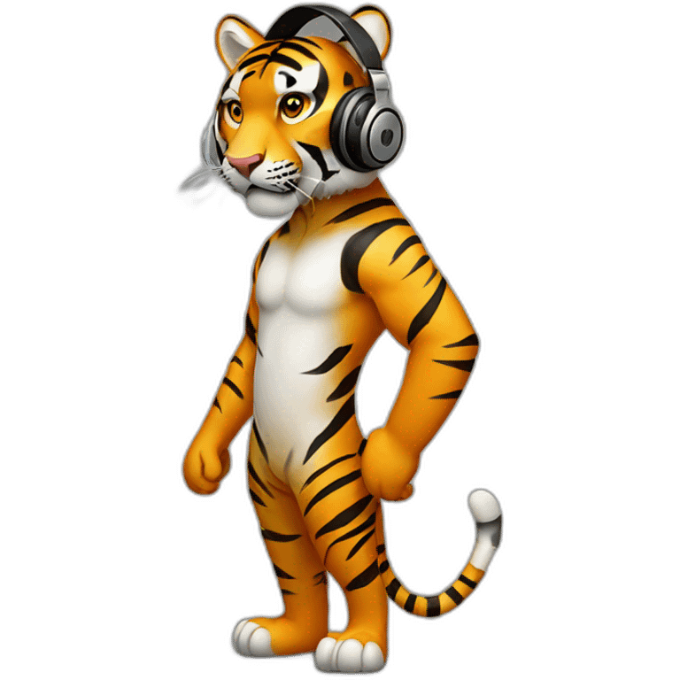 tiger standing on 2 feet wearing headphones emoji