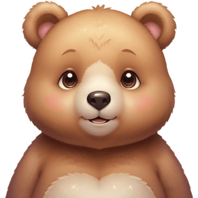 Cinematic cute soft bear, chubby round face, tiny ears, warm fuzzy fur, blushing cheeks, sparkling kind eyes, soft glowing background, heartwarming and huggable. emoji