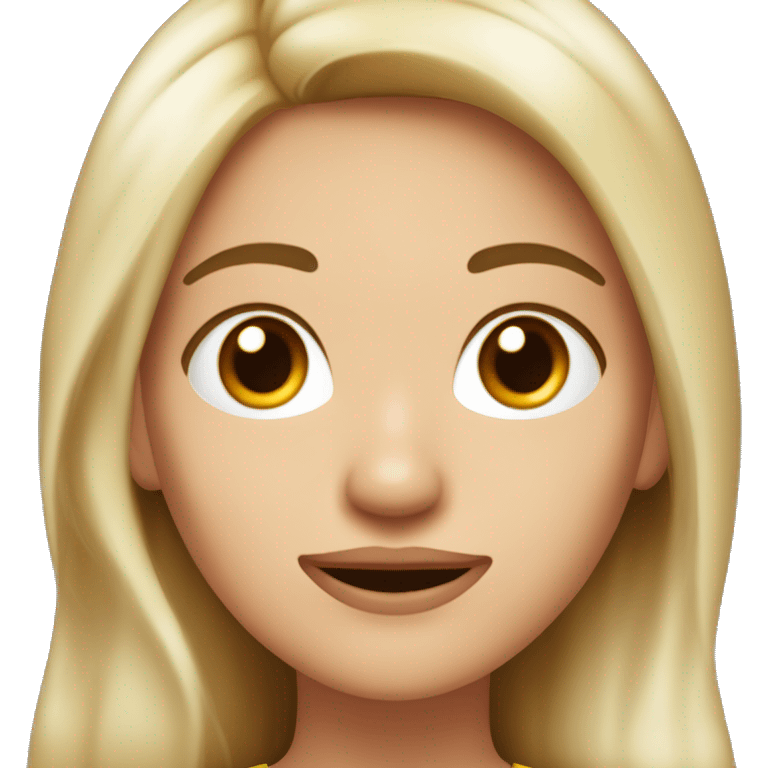 mujer blanca con el pelo rojo oscuro y lacio. Con cejas tupidas. Con brackets en los dientes.  Con color de ojos marrón claro emoji