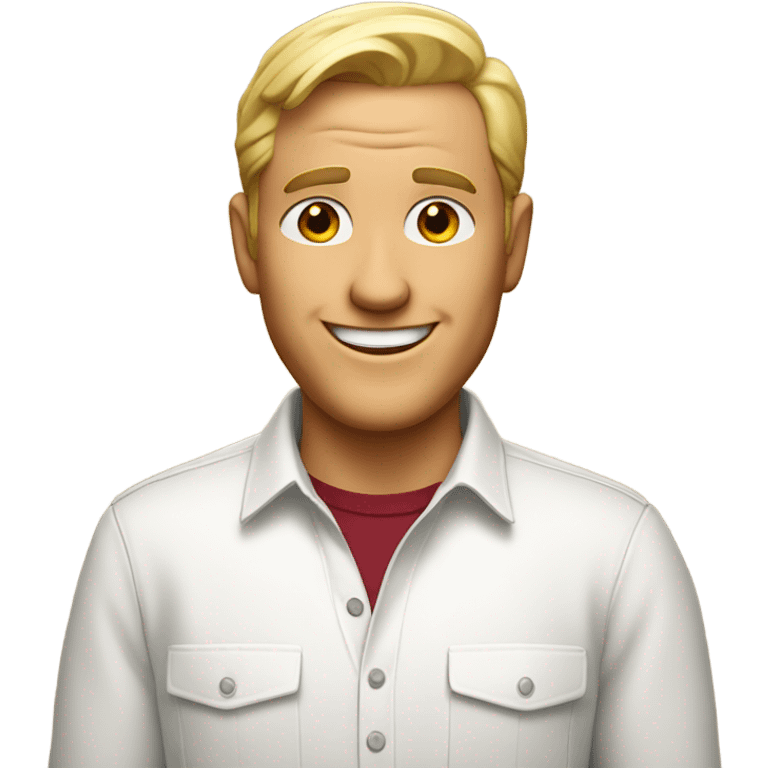 face of a white bold man who smiles. You can see a part of the wine-color shirt he is wear emoji