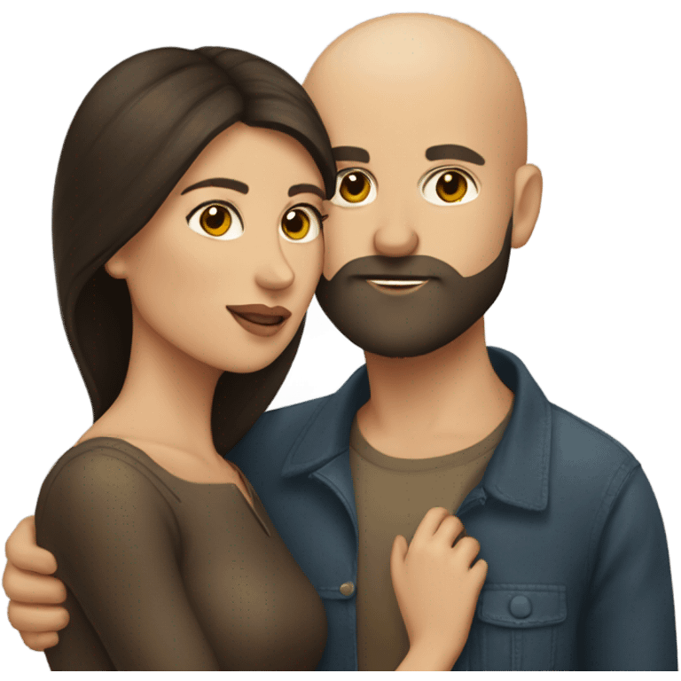 dark brown haired woman kissing bald man with beard emoji