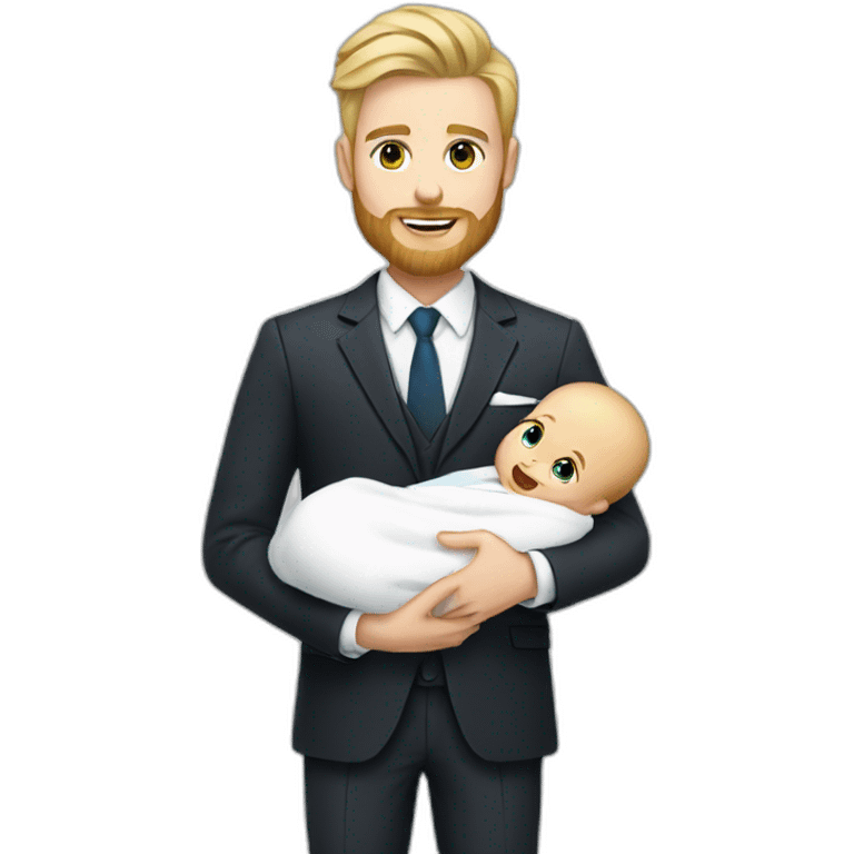 sharp dressed white man with blonde hair and a beard holding a newborn baby boy emoji