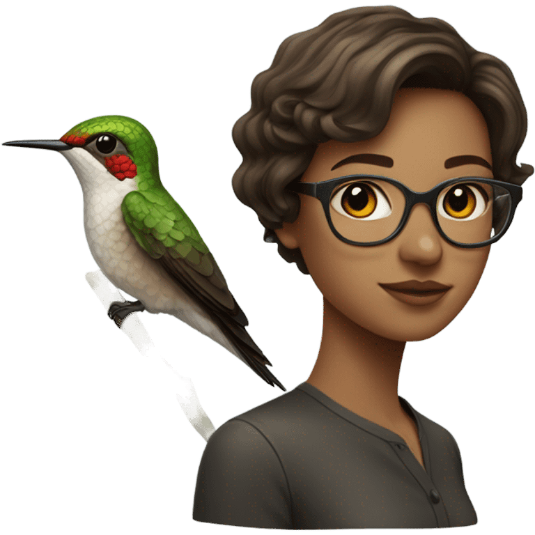 Girl pale , brunette, with short hair, wearing glasses with a hummingbird next to her emoji