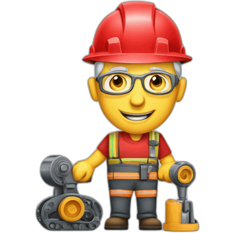 Industrial professional senior mechanical assembler working on the assembly of heavy machinery with a red outfit emoji