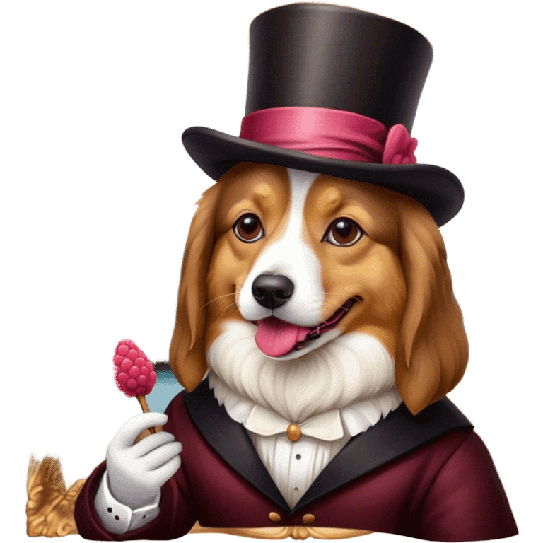 Dog eating 2 pieces of raspberry licorice wearing a top hat while painting the Mona Lisa emoji