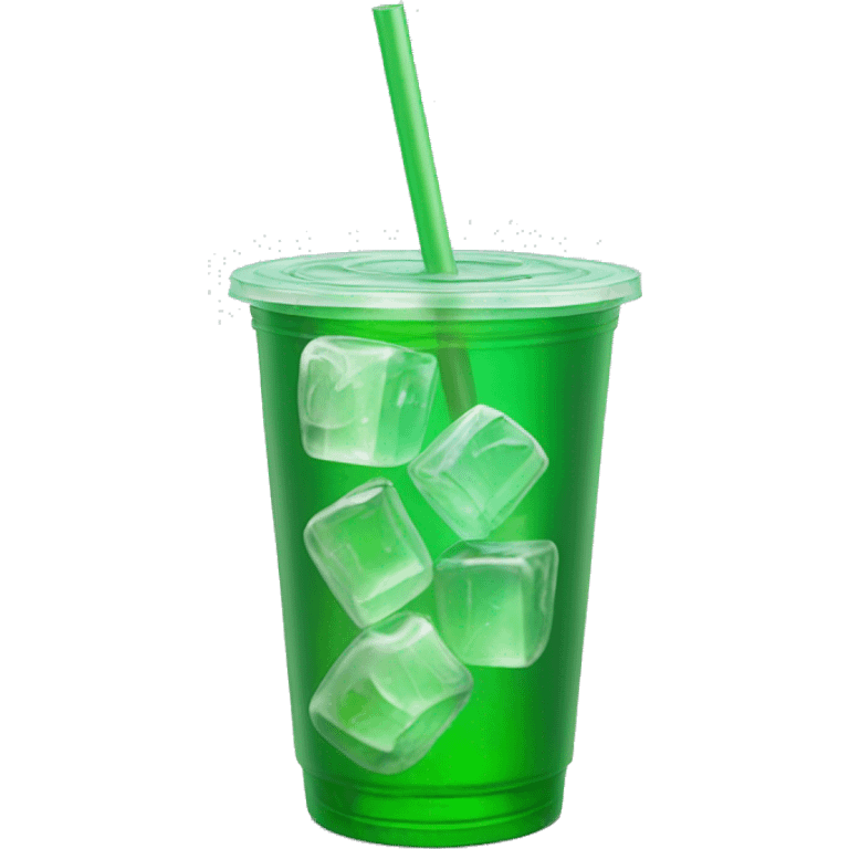 Realistic plastic cup and lid with Transluscent green soda and large ice cubes inside and one straw through the top of the lid. emoji