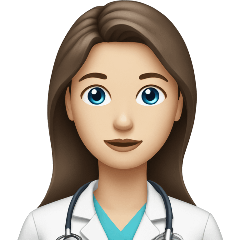 long brown hair, blue eyes, female doctor emoji emoji