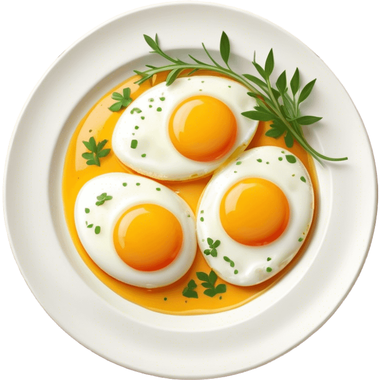 Cinematic sunny-side-up eggs, perfectly cooked with glossy yolks, crispy golden edges, sprinkled with fresh herbs, served on a rustic plate, bright and inviting, highly detailed and appetizing. emoji