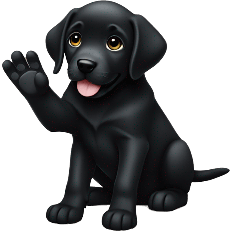 sitting black labrador puppy makes high five with one paw emoji