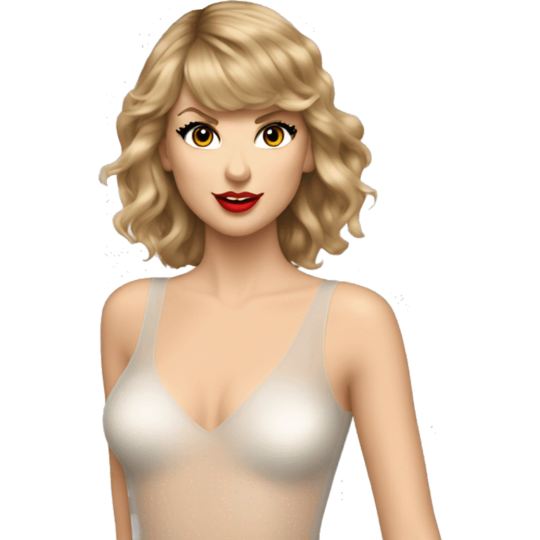 Taylor swift in a flush very translucent bodysuit looking left lower third emoji