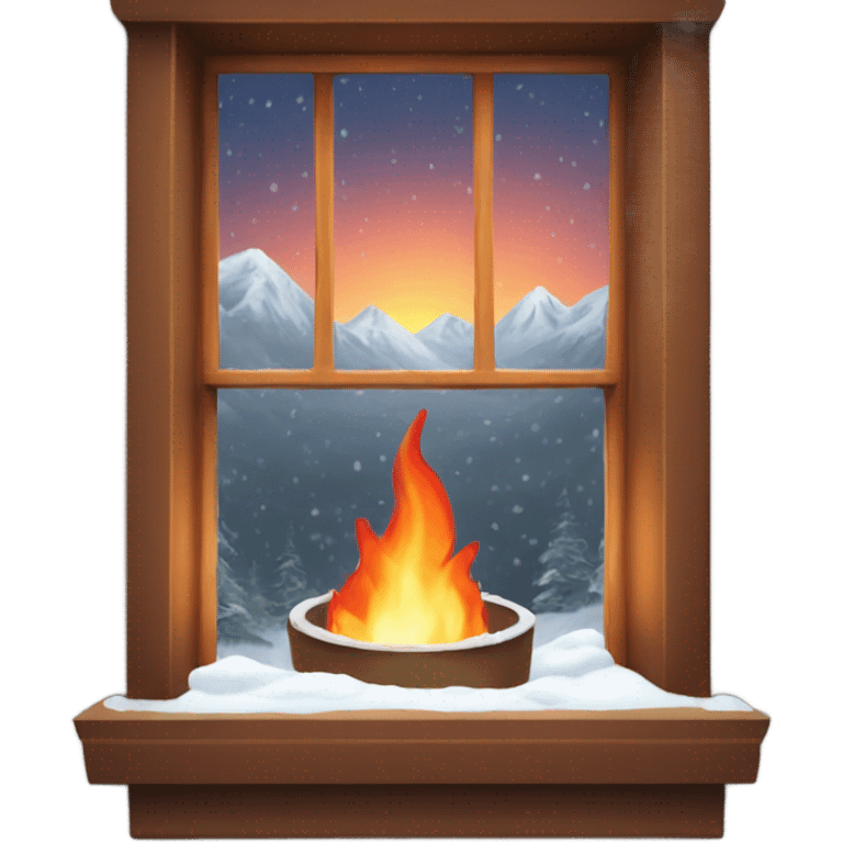 Warm fire looking out window snowing emoji