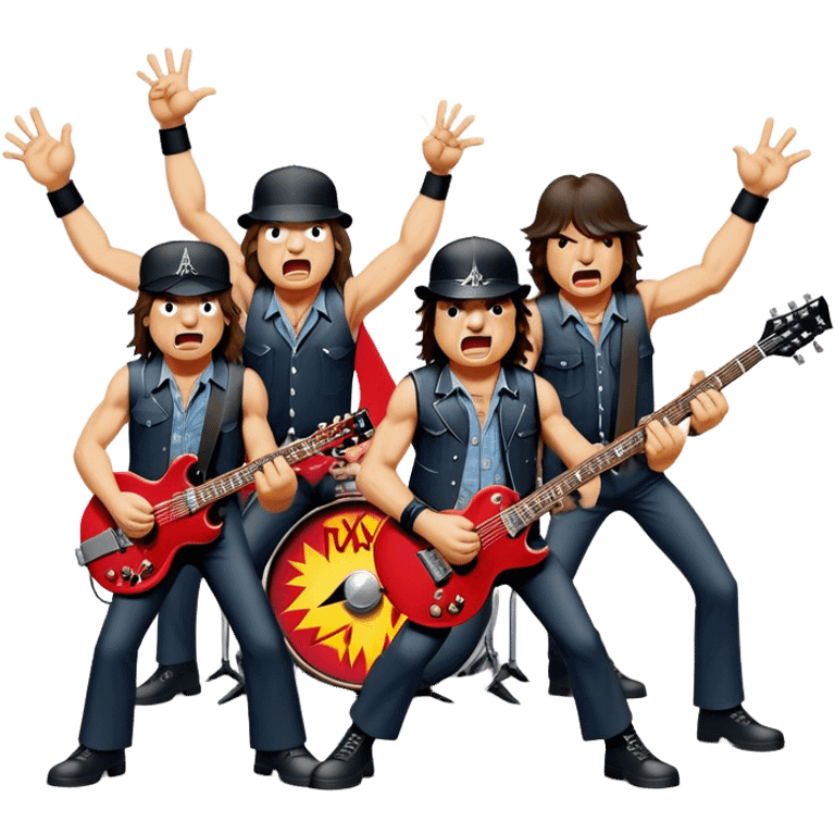 Cinematic Realistic AC/DC Band Emoji, depicted as a high-energy rock ensemble with electrifying stage presence and gritty textures, rendered with bold vibrant lighting that captures the raw power and rebellious spirit of their music. emoji