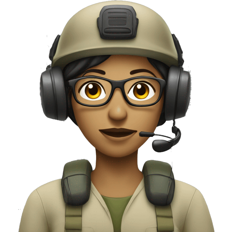 operator dressed in khaki color with a milatary helmet, with glasses, with headset, preferably female black emoji