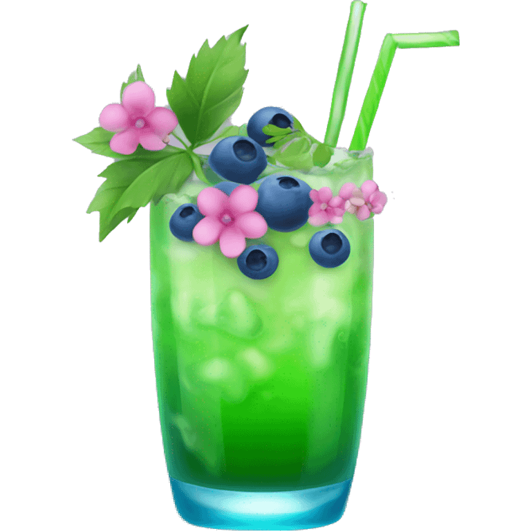 Green cocktail with blue mix and pink little flowers with blueberries  emoji