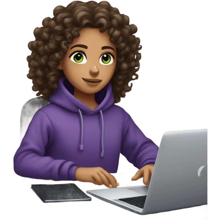 curly, fair-skinned girl with green eyes and dark brown curly long hair, designer, sitting at her laptop, wearing a purple coloured oversize sweatshirt. emoji