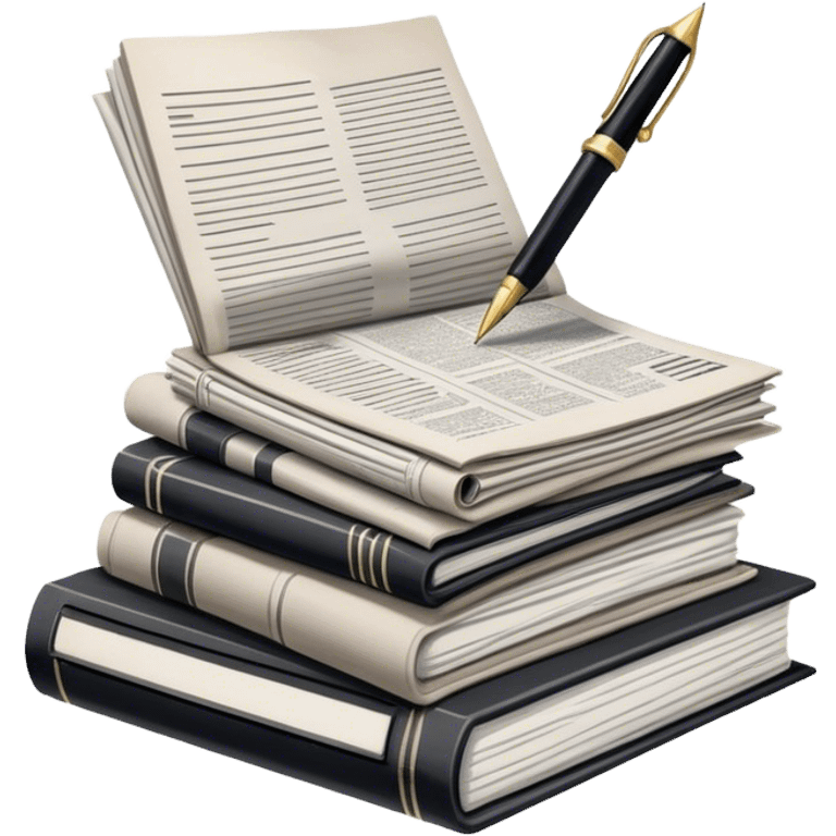 Create an emoji representing journalism and publicistic writing. The design should feature a stack of newspapers as the base, with an open working notebook placed on top of them. A single fountain pen should rest at the very top on the notebook, symbolizing the act of writing. Use neutral, professional colors like black, white, and muted tones to convey a sense of seriousness and intellect. Do not include any emojis or smiley faces. Make the background transparent. emoji