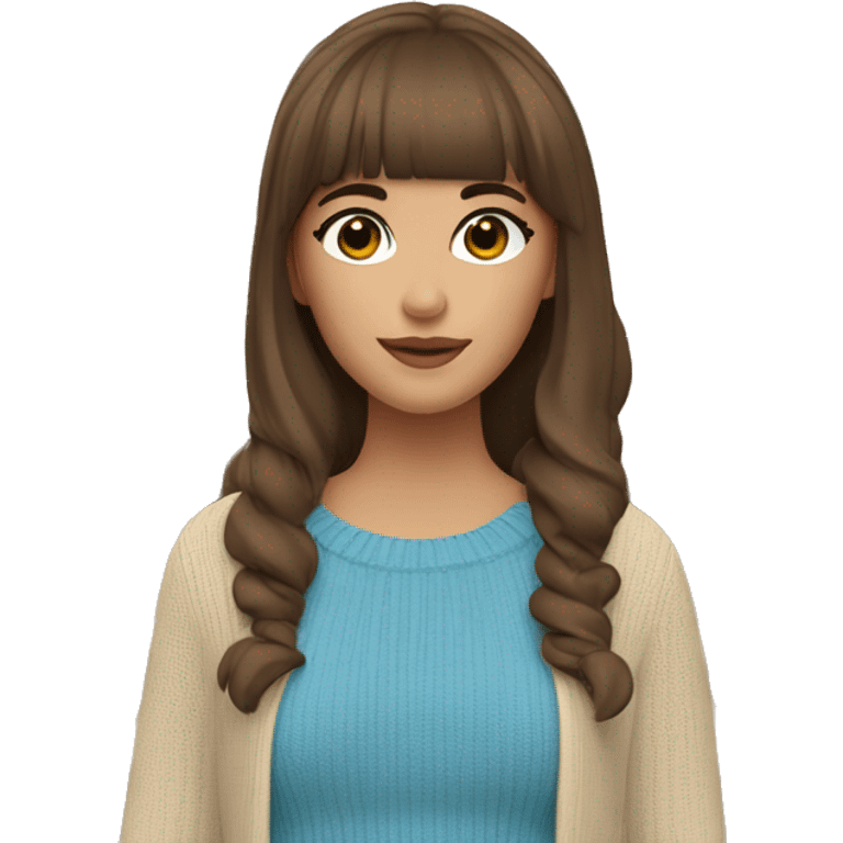 A girl with brown hair, with bangs to the right and left, in a beige sweater in the Atomy cosmetics store with blue booves emoji