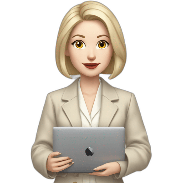 pale skin woman with ash blonde Straightened bob Hair, White Spacious classical jacket, beige palazzo Arrow pants and gray blouse holding a MacBook in the hands emoji