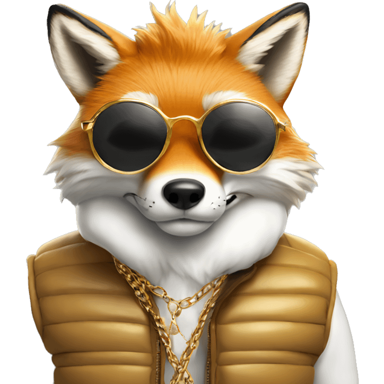 fox wearing a white puffer vest and sun glasses and a gold chain emoji