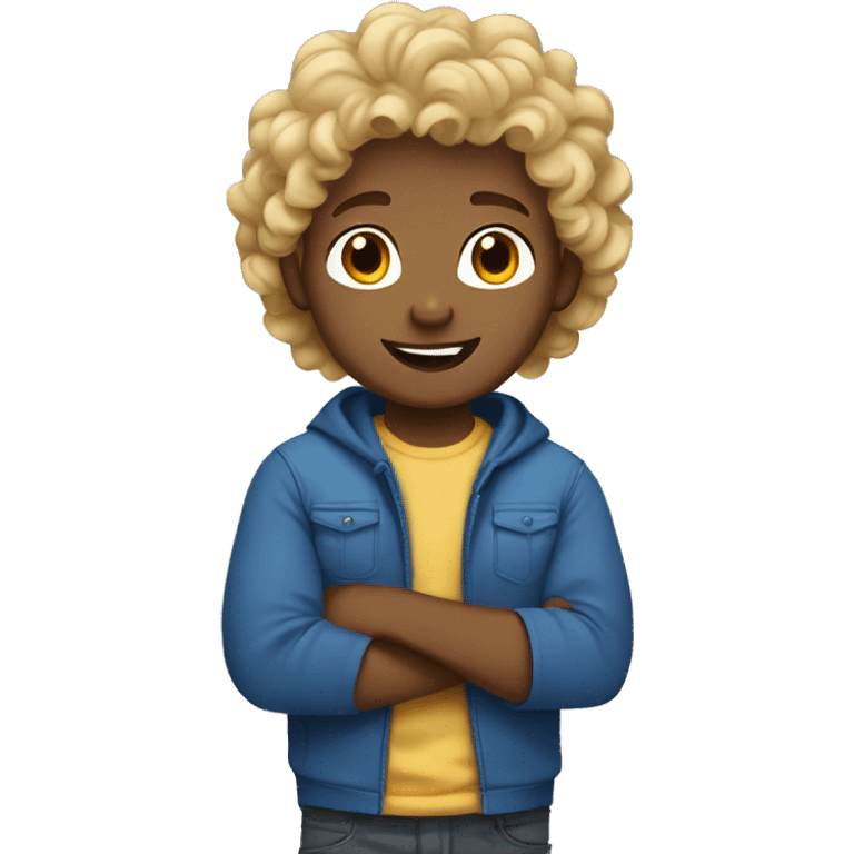 Boy with curly blonde hair, brown skin and blue t-shirt emoji