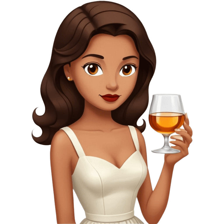 Beautiful woman in 1950’s woman fashion look, white dress, long dark brown hair, whisky emoji