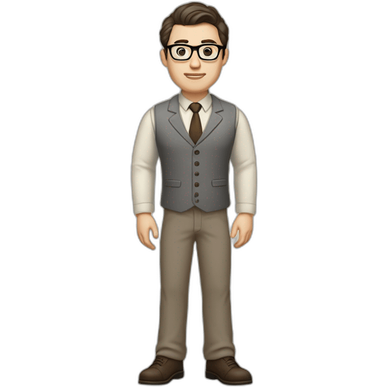 Full height Pale skinned Fit Man With dark brown hair in gray jacket, vest, tie, beige office shirt, Brown pants and vintage glasses. Thrumbs of his palms directed up emoji