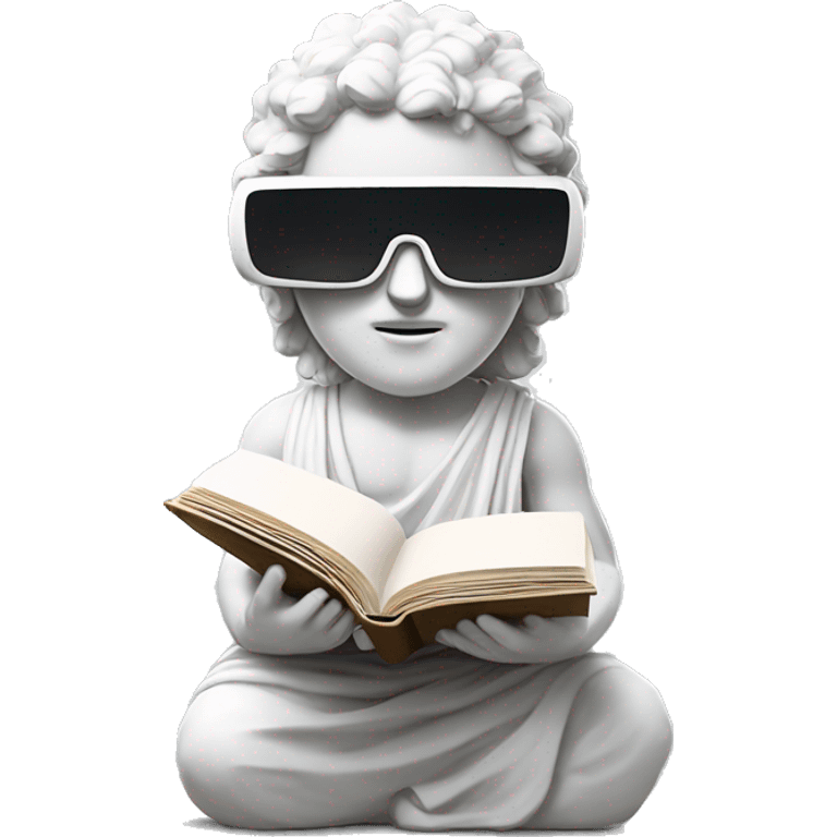 an EMOJI OF A ancient young greek statue reading a book, wearing VR glasses, white colors, DIGITAL UNIVERSE emoji