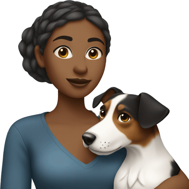 Black woman with long hair holding jack Russell terrier emoji