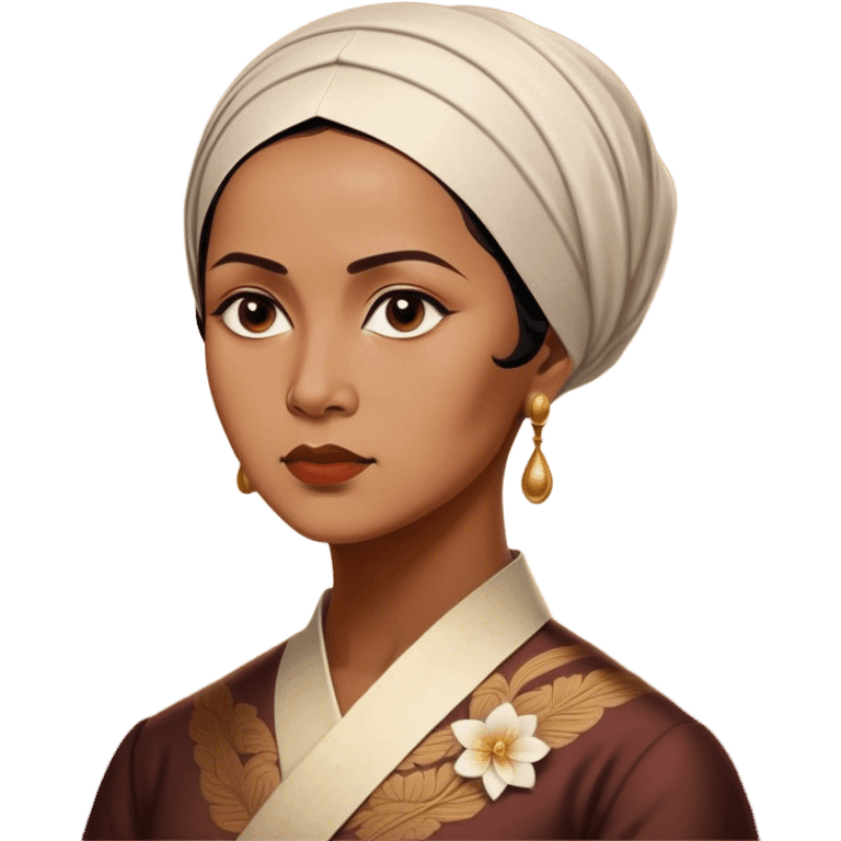 Cinematic Realistic Raden Ajeng Kartini Portrait Emoji, depicted as an inspiring Indonesian feminist icon in period attire with a thoughtful determined gaze, rendered with lifelike textures and warm empowering lighting that captures her pioneering spirit. emoji