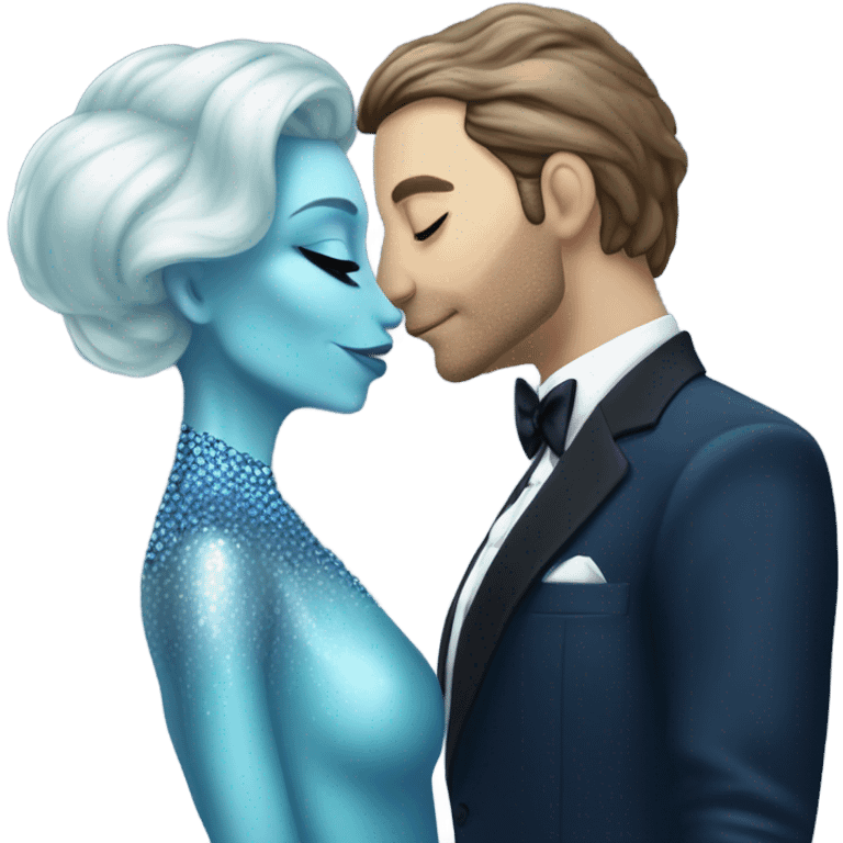 reptilian alien woman, in long slim pastel blue formal party satin dress with gradient shiny sparkling navy blue diamonds embroidered , and caucasian man in black dress kissing emoji